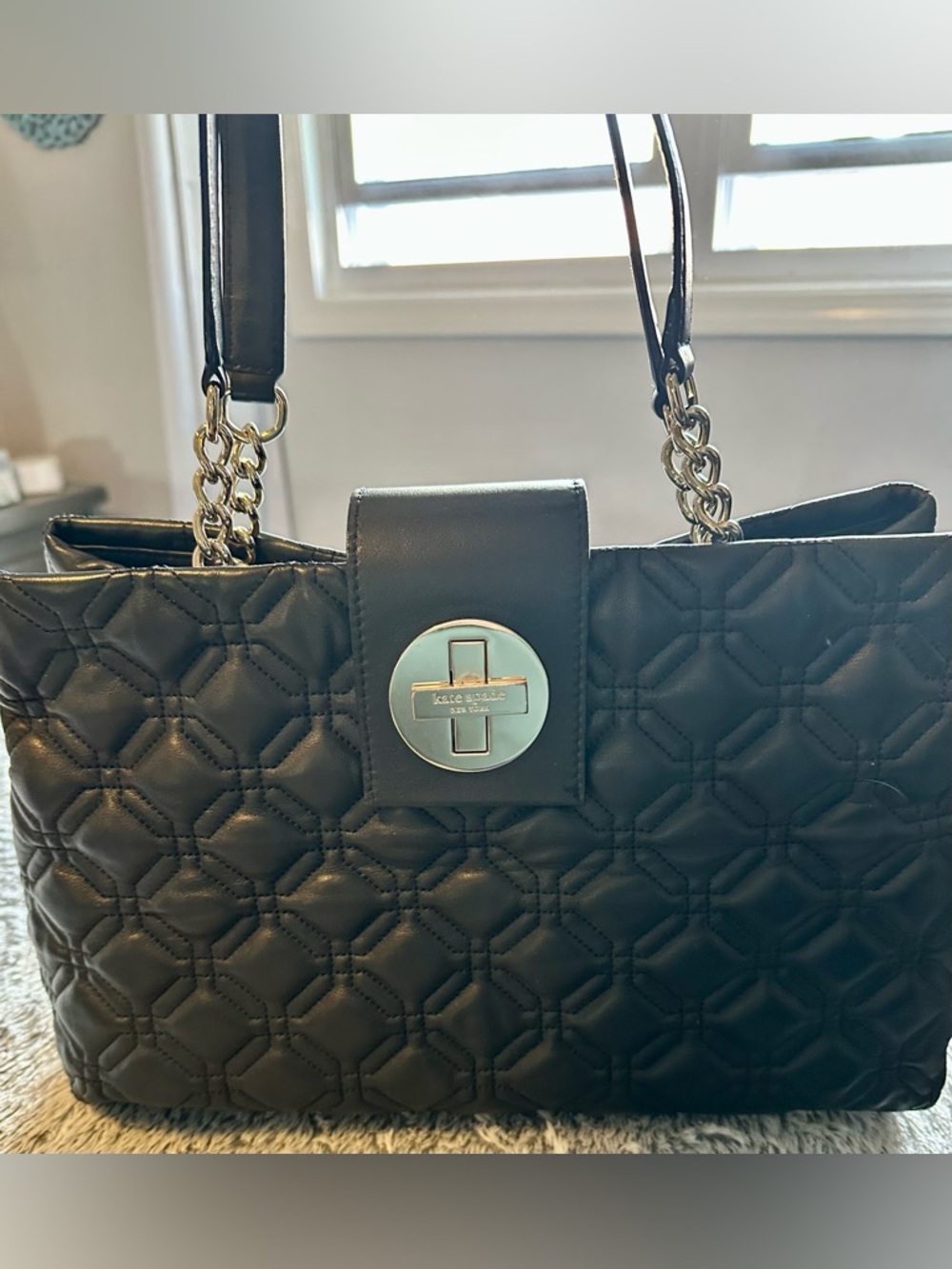 kate spade Black Quilted Leather Shoulder Bag with Chain Straps